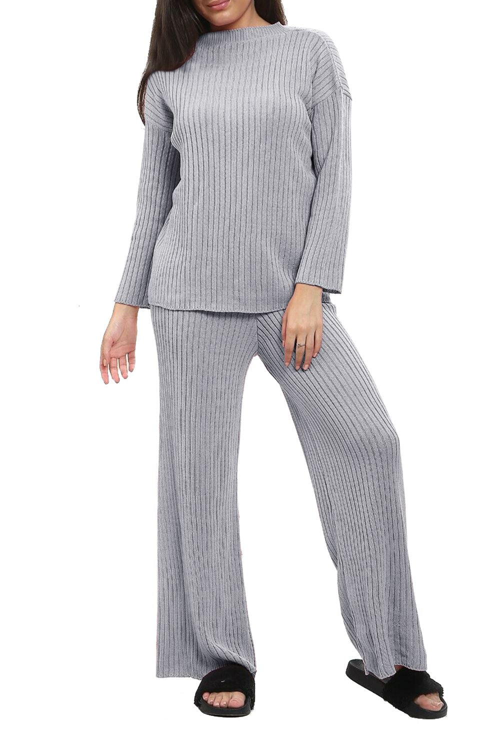 Chunky Knitted Ribbed Polo High Neck Top Leggings Loungewear Set