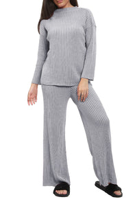 Chunky Knitted Ribbed Polo High Neck Top Leggings Loungewear Set