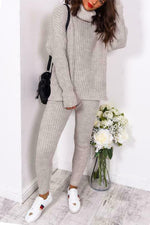 Load image into Gallery viewer, Chunky Knitted Ribbed Polo High Neck Top Leggings Loungewear Set
