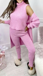 Load image into Gallery viewer, 3 Piece Set Roll Neck Chunky Knitted Ribbed Lounge Set
