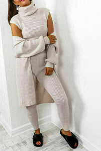 3 Piece Set Roll Neck Chunky Knitted Ribbed Lounge Set