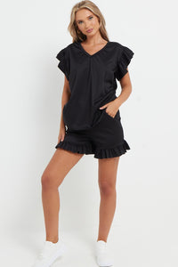 V-Neck Frill Peplum Sleeve Top & Short 2 Piece Set