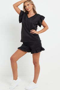 V-Neck Frill Peplum Sleeve Top & Short 2 Piece Set