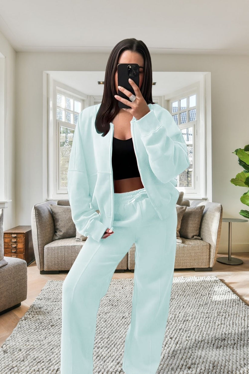 New Style Oversized Fleece Zipper & Wide Leg Tracksuit Bottoms