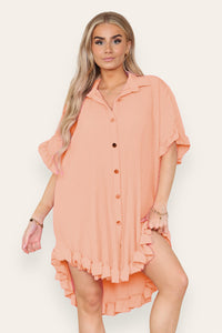 Oversized Italian Gold Button Pleated Frill Ruffle Dress Top