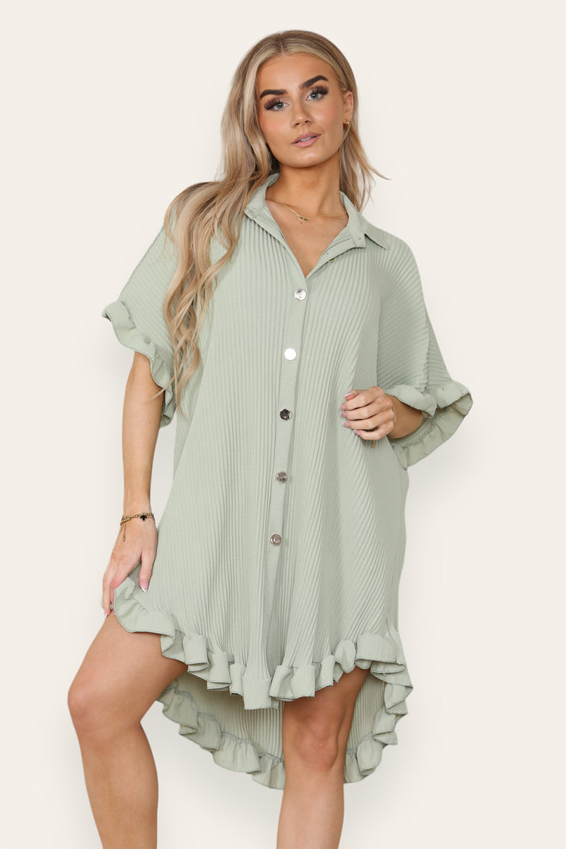 Oversized Italian Gold Button Pleated Frill Ruffle Dress Top