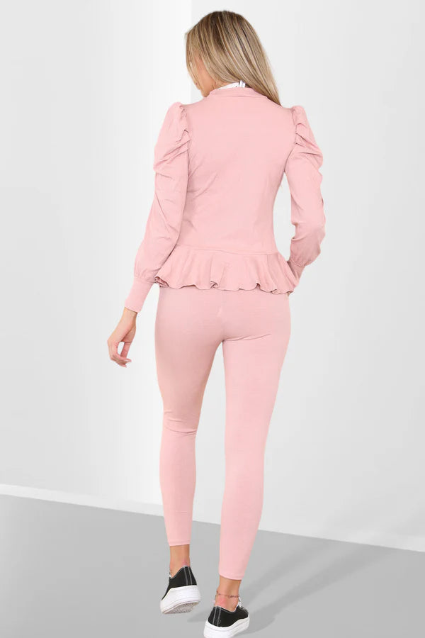 Frill Hem Peplum Ribbed Lounge Wear Set