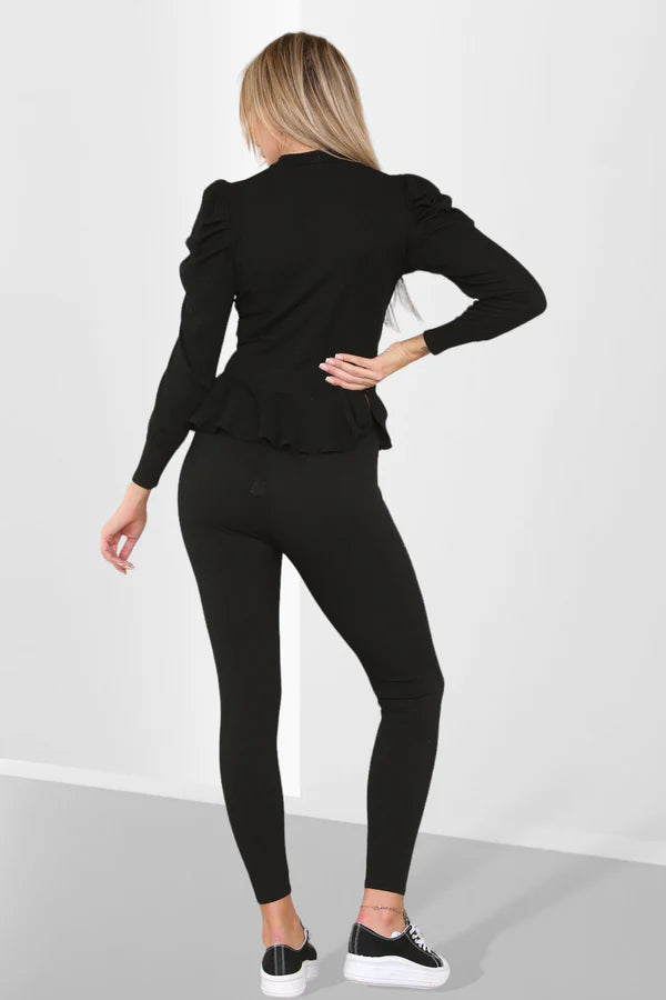 Frill Hem Peplum Ribbed Lounge Wear Set