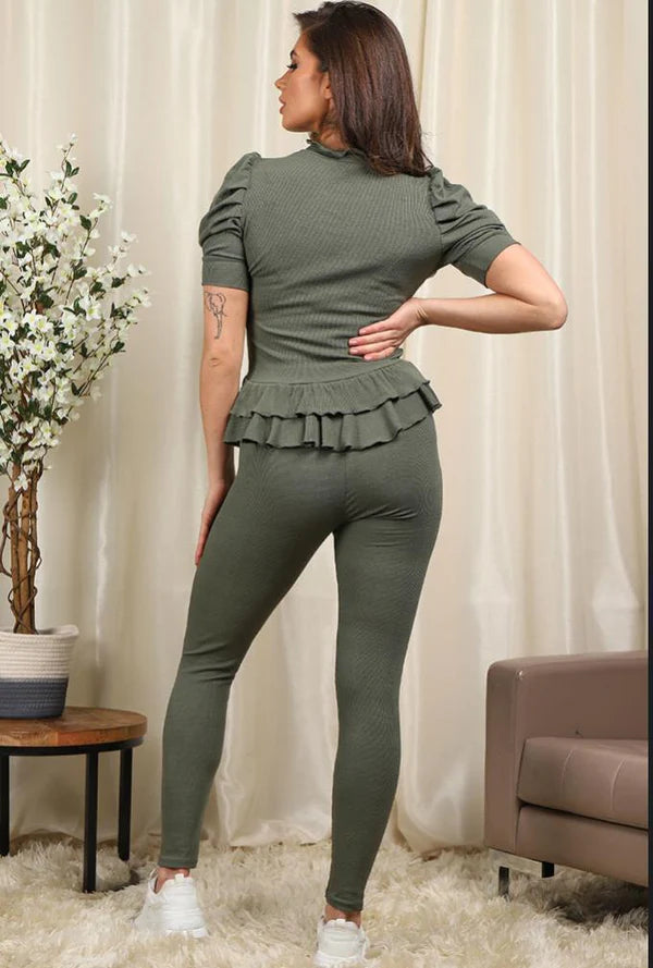 Short Sleeves Two Piece Set with Ribbed Legging