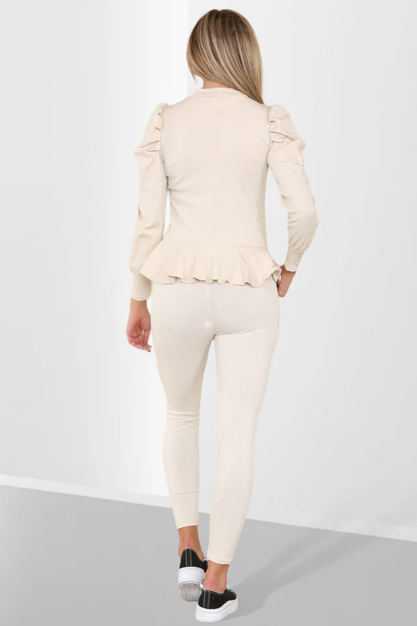 Frill Hem Peplum Ribbed Lounge Wear Set
