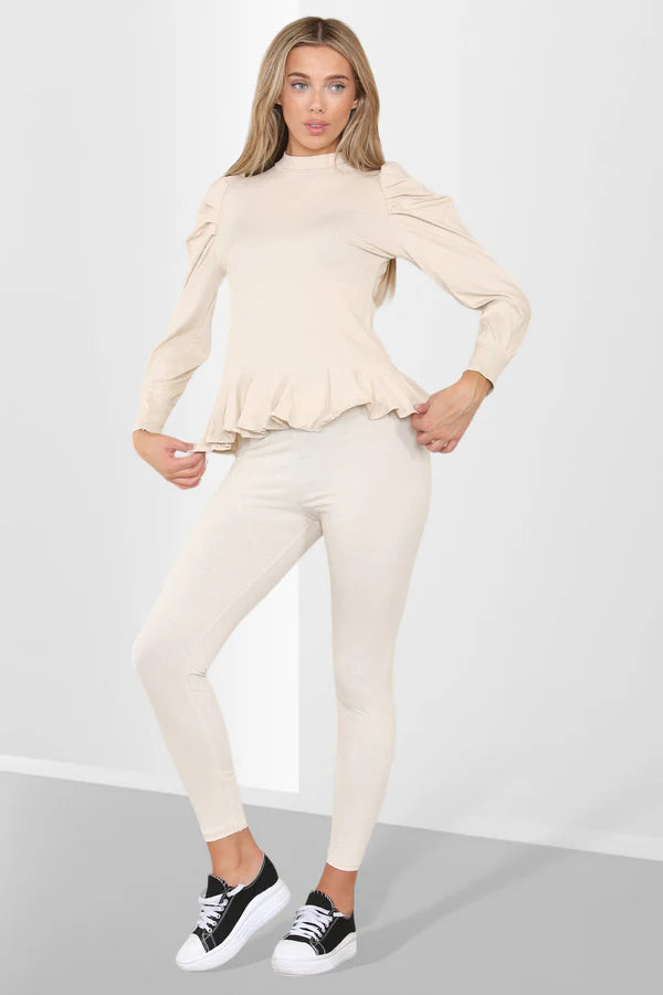 Frill Hem Peplum Ribbed Lounge Wear Set