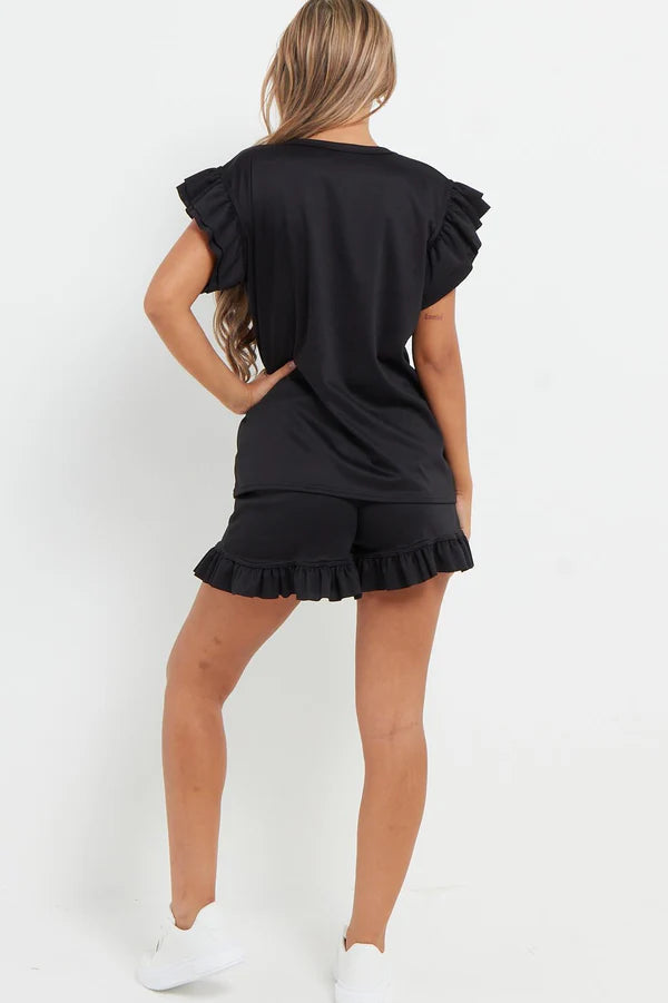 V-Neck Frill Peplum Sleeve Top & Short 2 Piece Set