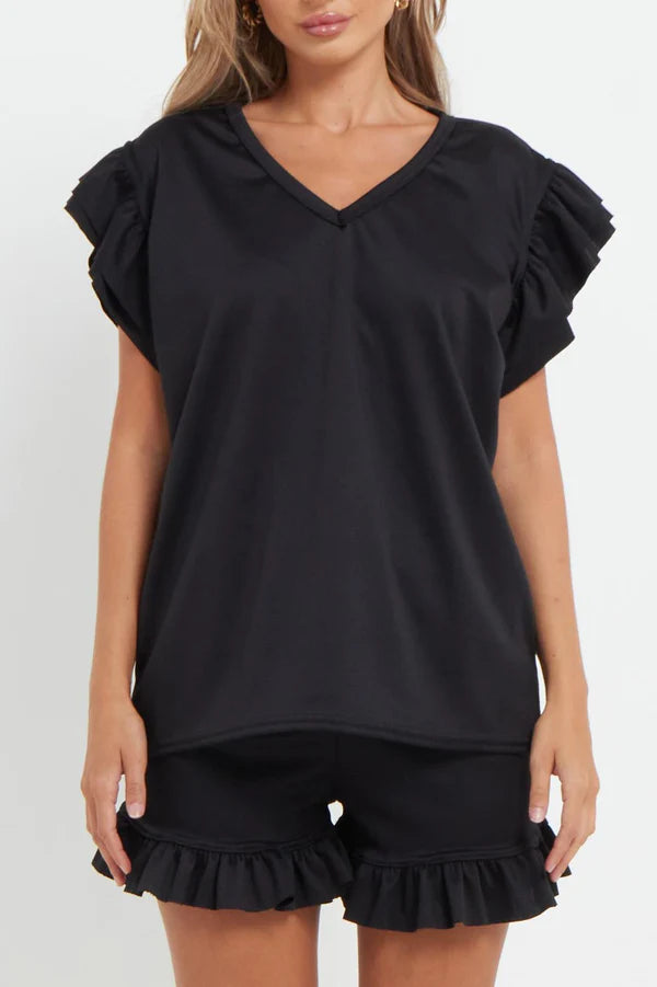 V-Neck Frill Peplum Sleeve Top & Short 2 Piece Set