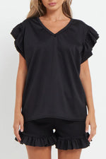 Load image into Gallery viewer, V-Neck Frill Peplum Sleeve Top &amp; Short 2 Piece Set
