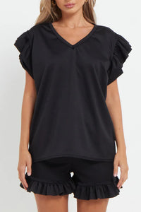 V-Neck Frill Peplum Sleeve Top & Short 2 Piece Set