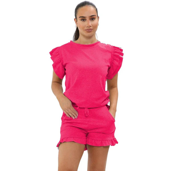 Frill Peplum Sleeve Top & Short 2 Piece Set