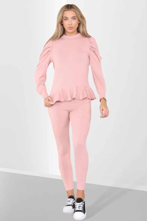 Frill Hem Peplum Ribbed Lounge Wear Set
