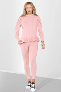 Frill Hem Peplum Ribbed Lounge Wear Set