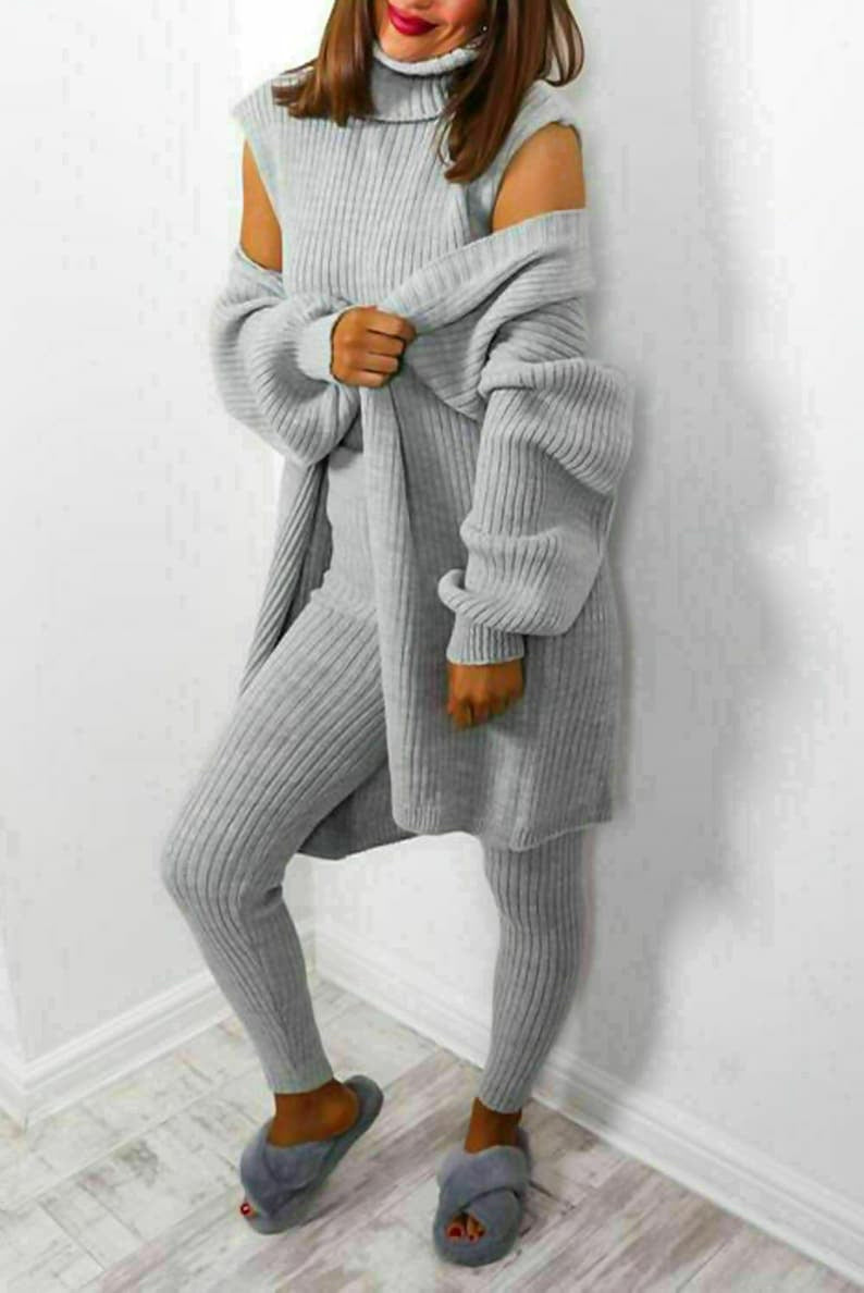 3 Piece Set Roll Neck Chunky Knitted Ribbed Lounge Set