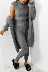3 Piece Set Roll Neck Chunky Knitted Ribbed Lounge Set