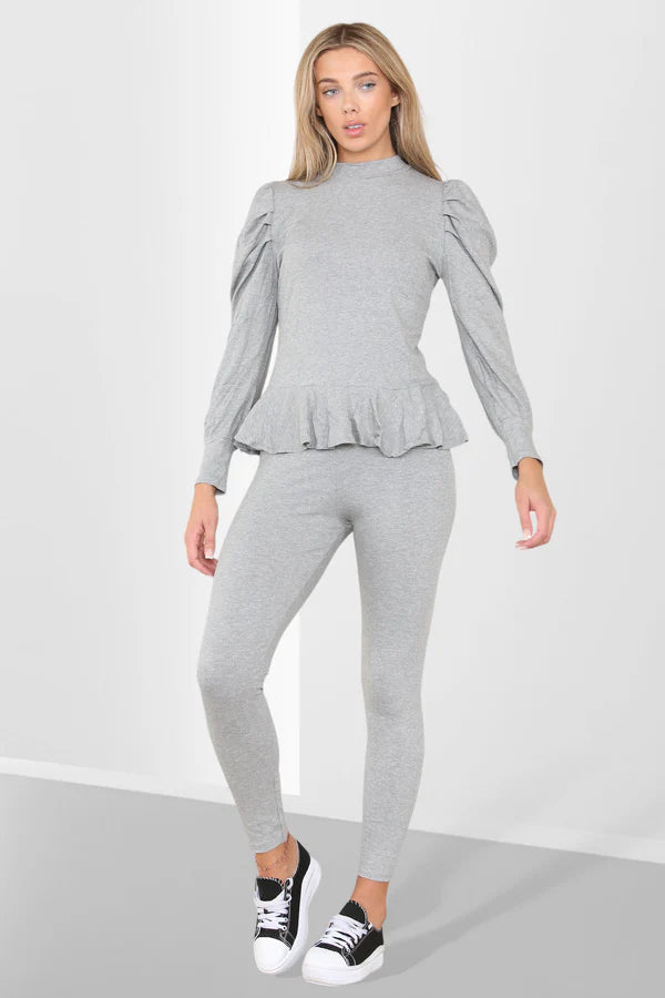 Frill Hem Peplum Ribbed Lounge Wear Set