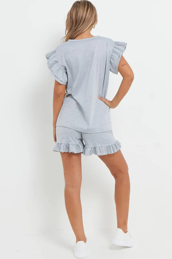 V-Neck Frill Peplum Sleeve Top & Short 2 Piece Set