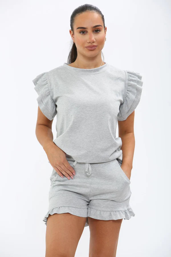 Frill Peplum Sleeve Top & Short 2 Piece Set