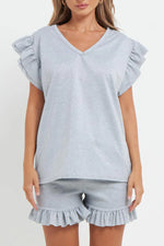 Load image into Gallery viewer, V-Neck Frill Peplum Sleeve Top &amp; Short 2 Piece Set
