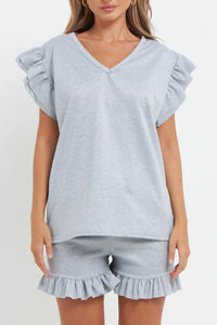 V-Neck Frill Peplum Sleeve Top & Short 2 Piece Set
