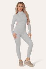 Load image into Gallery viewer, Ribbed High Neck Zipper Collar Jumpsuit Front Unitard Set
