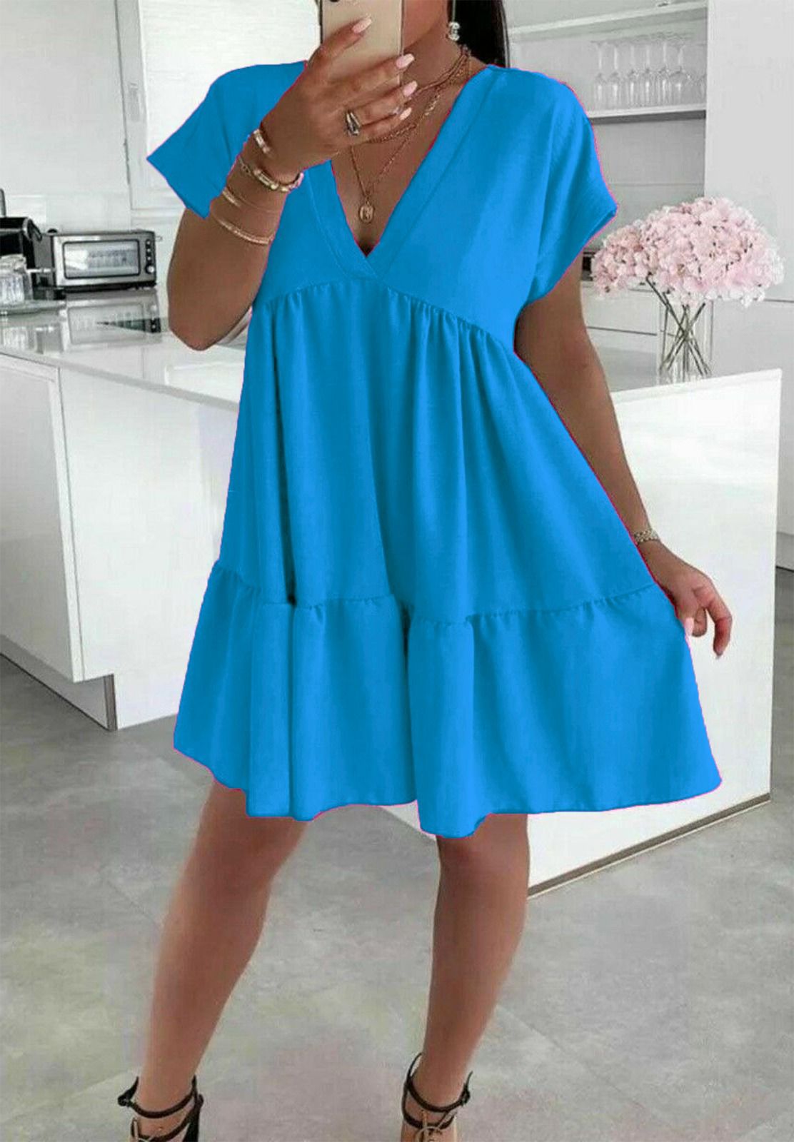 Ladies Italian V-Neck Smock Dress