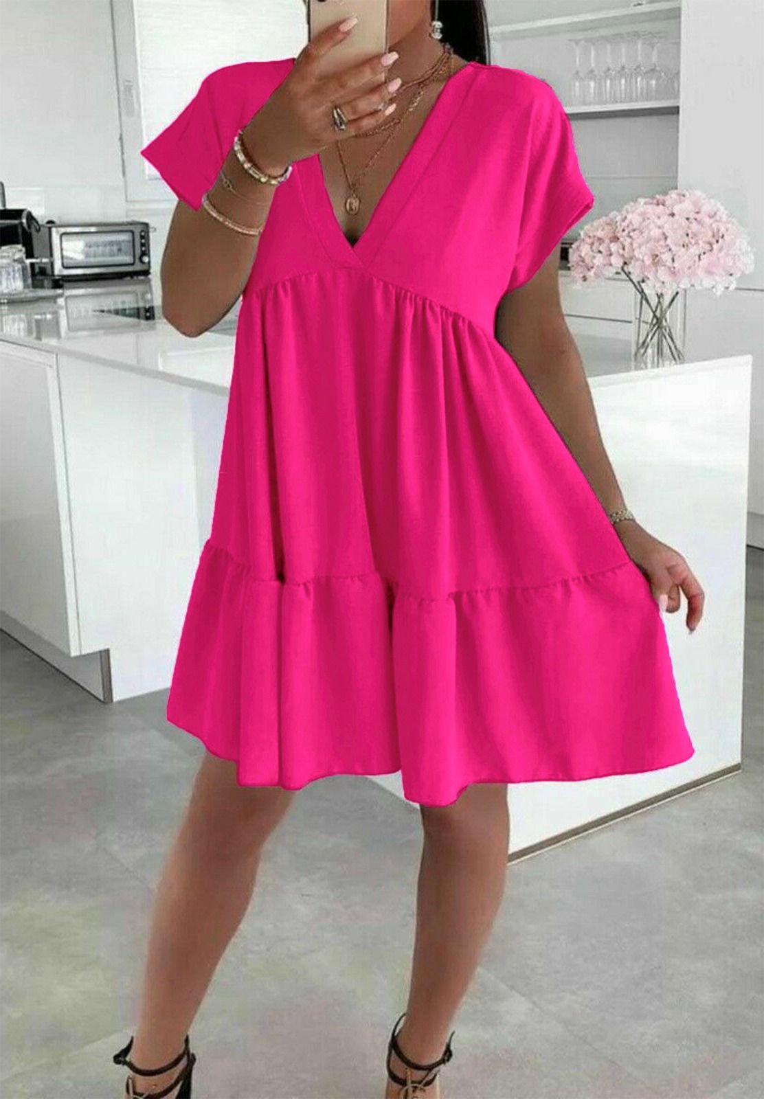 Ladies Italian V-Neck Smock Dress