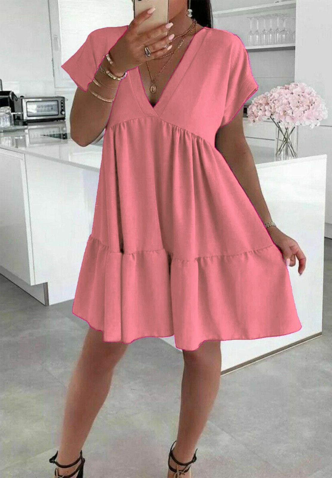 Ladies Italian V-Neck Smock Dress