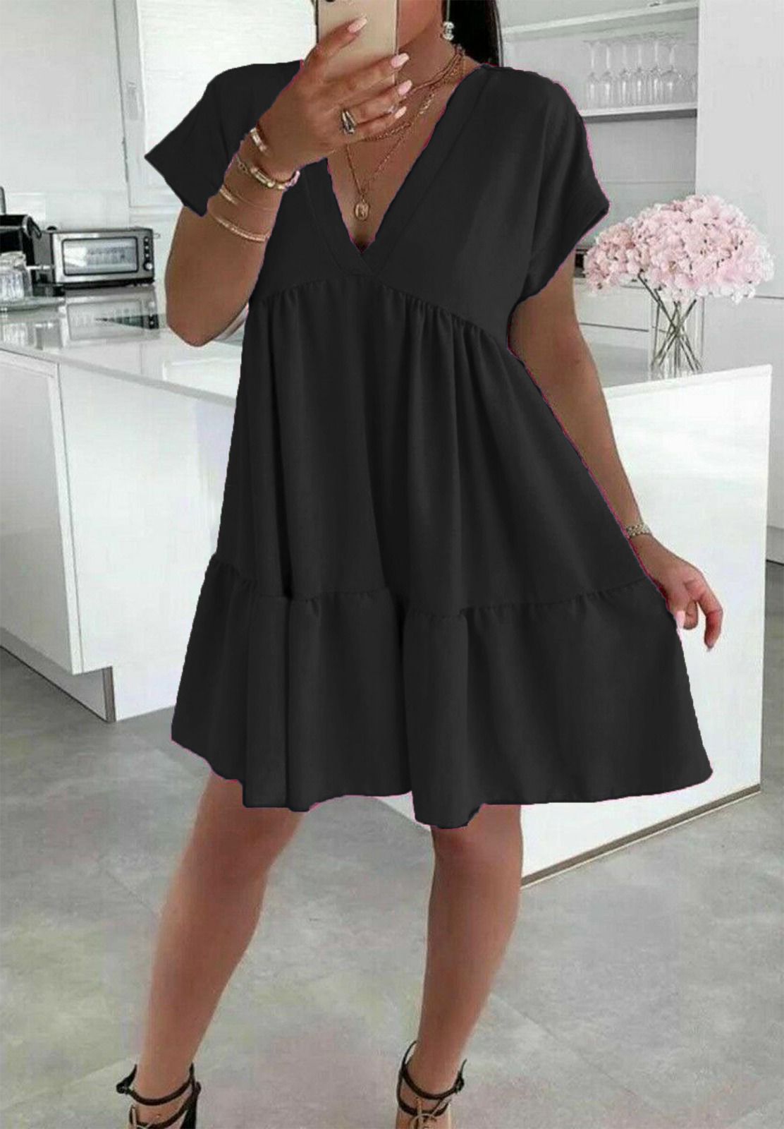 Ladies Italian V-Neck Smock Dress