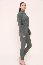 Load image into Gallery viewer, High Neck Ruched Side Arm Solid Drawstrings Ribbed Tee &amp; Leggings set
