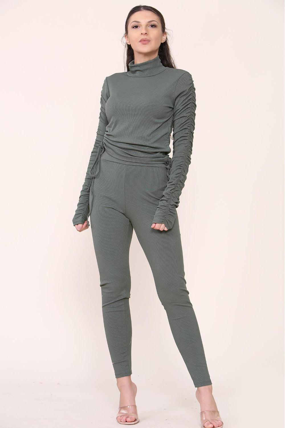 High Neck Ruched Side Arm Solid Drawstrings Ribbed Tee & Leggings set