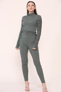 High Neck Ruched Side Arm Solid Drawstrings Ribbed Tee & Leggings set