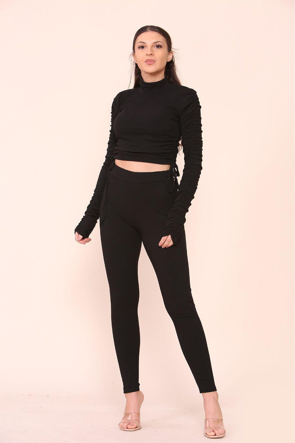 High Neck Ruched Side Arm Solid Drawstrings Ribbed Tee & Leggings set