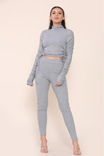 Load image into Gallery viewer, High Neck Ruched Side Arm Solid Drawstrings Ribbed Tee &amp; Leggings set
