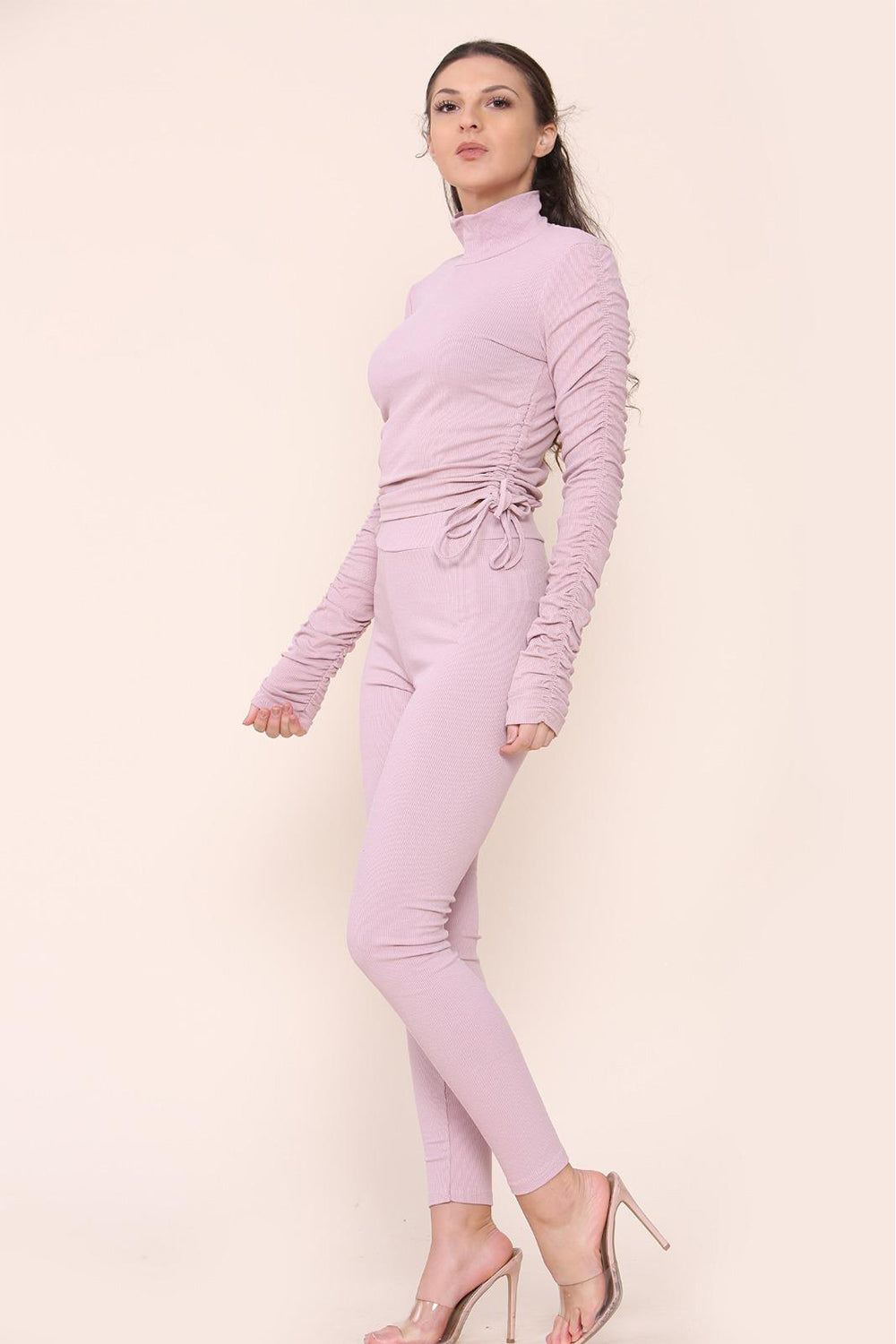 High Neck Ruched Side Arm Solid Drawstrings Ribbed Tee & Leggings set