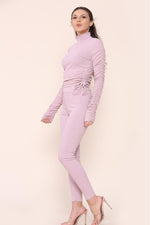 Load image into Gallery viewer, High Neck Ruched Side Arm Solid Drawstrings Ribbed Tee &amp; Leggings set
