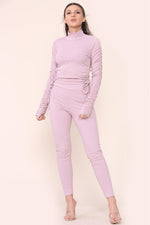 Load image into Gallery viewer, High Neck Ruched Side Arm Solid Drawstrings Ribbed Tee &amp; Leggings set
