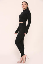 Load image into Gallery viewer, High Neck Ruched Side Arm Solid Drawstrings Ribbed Tee &amp; Leggings set
