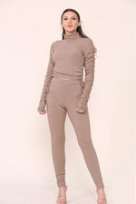 Load image into Gallery viewer, High Neck Ruched Side Arm Solid Drawstrings Ribbed Tee &amp; Leggings set
