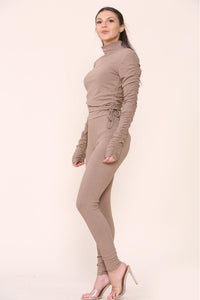 High Neck Ruched Side Arm Solid Drawstrings Ribbed Tee & Leggings set