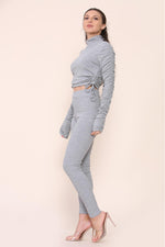 Load image into Gallery viewer, High Neck Ruched Side Arm Solid Drawstrings Ribbed Tee &amp; Leggings set
