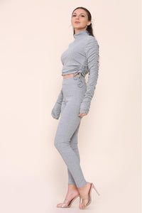 High Neck Ruched Side Arm Solid Drawstrings Ribbed Tee & Leggings set