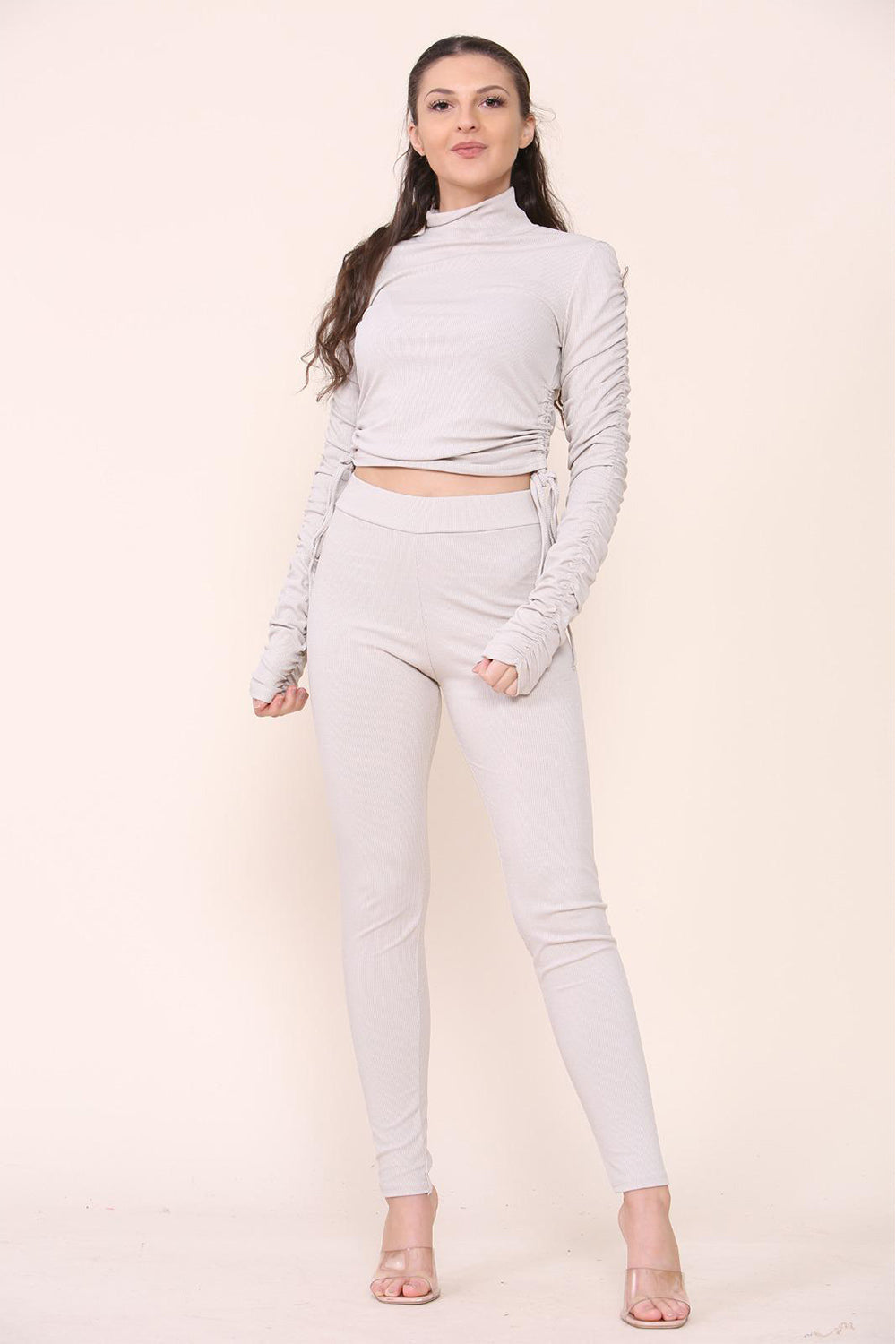 High Neck Ruched Side Arm Solid Drawstrings Ribbed Tee & Leggings set
