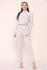 Load image into Gallery viewer, High Neck Ruched Side Arm Solid Drawstrings Ribbed Tee &amp; Leggings set
