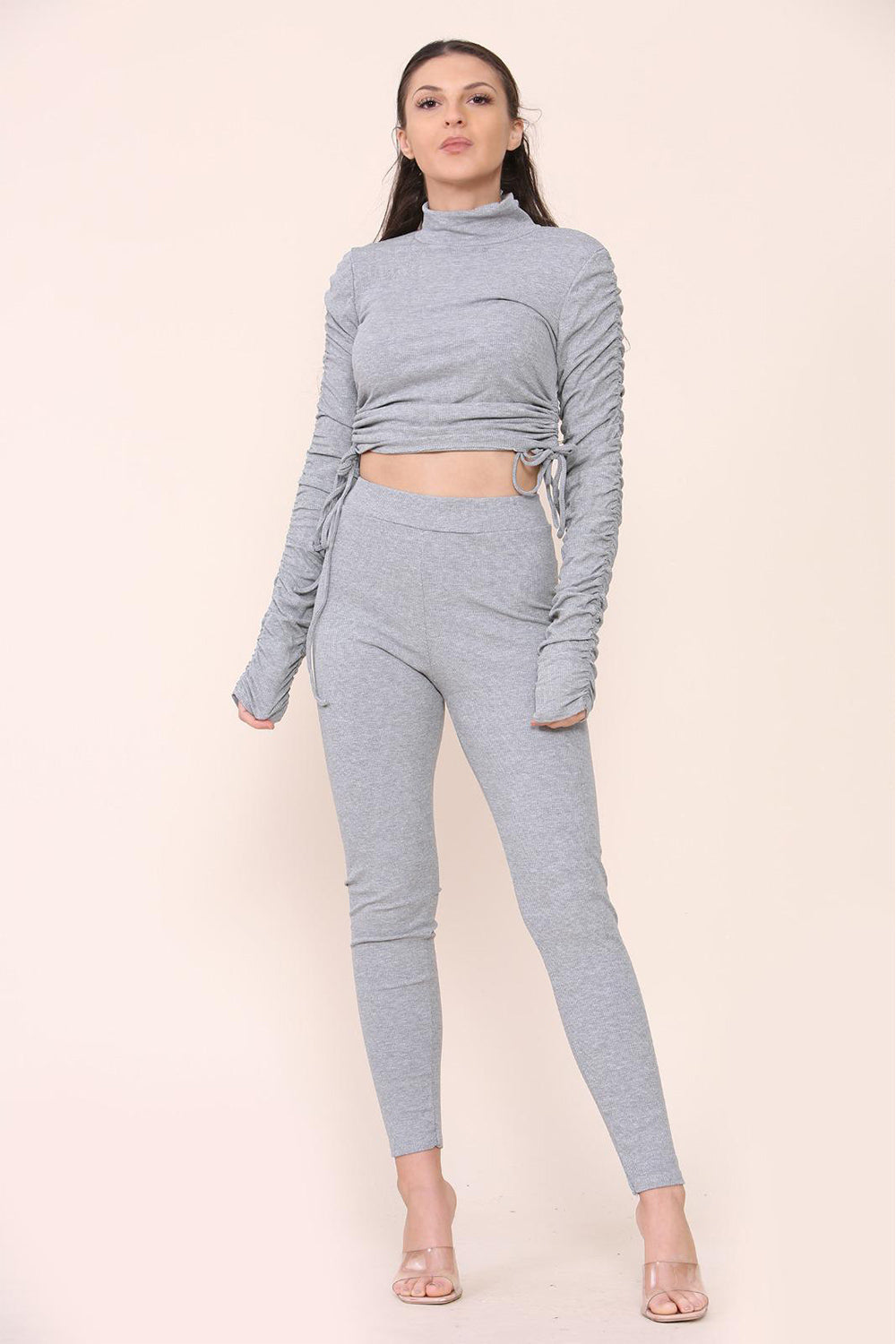 High Neck Ruched Side Arm Solid Drawstrings Ribbed Tee & Leggings set